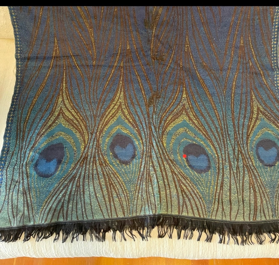 A real photo of Louis C. Tiffany Peacock Feather Wool-Blend Shawl by Kamaehu (2)
