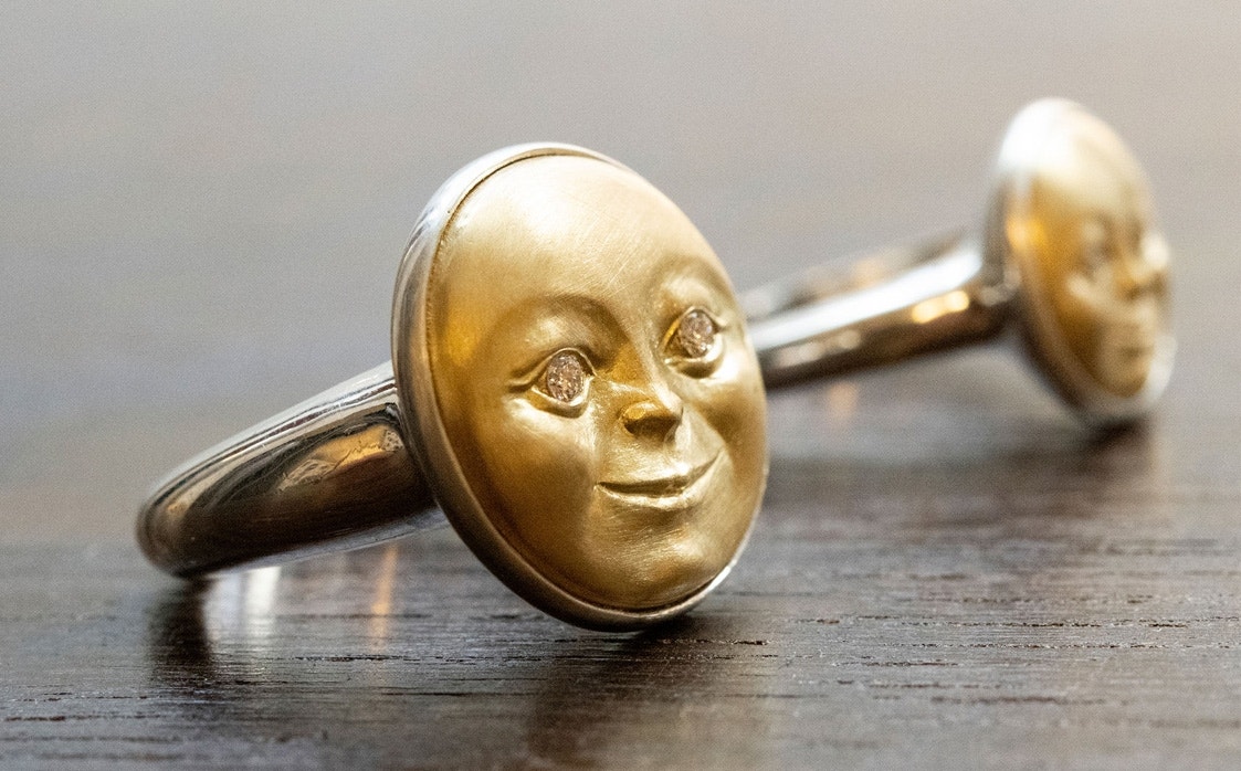 Moon Face Ring. Hand Casted Full Moon in Brass Gold Setting. 