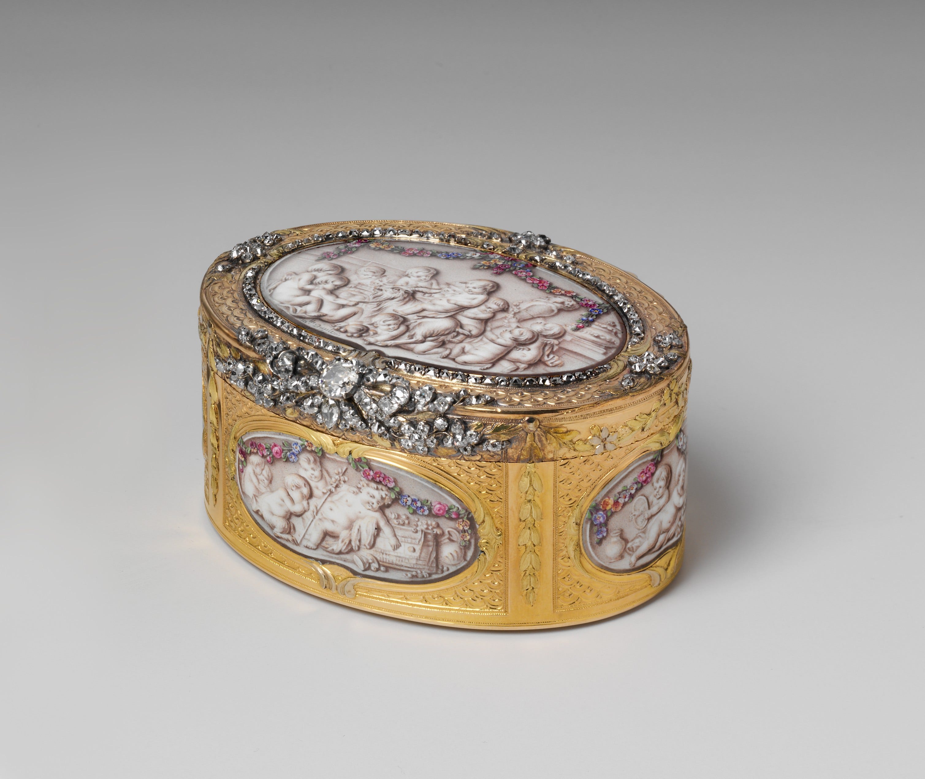 Snuffbox with six scenes of putti at play, ca. 1761–62. Jean Georges (or George) (master 1752, died 1765). Gold, grisaille enamel, diamonds. Gift of J. Pierpont Morgan, 1917 17.190.1125