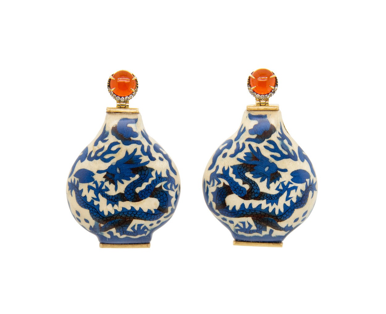 Silvia Furmanovich marquetry earrings set in 18K gold with diamonds and fire opal