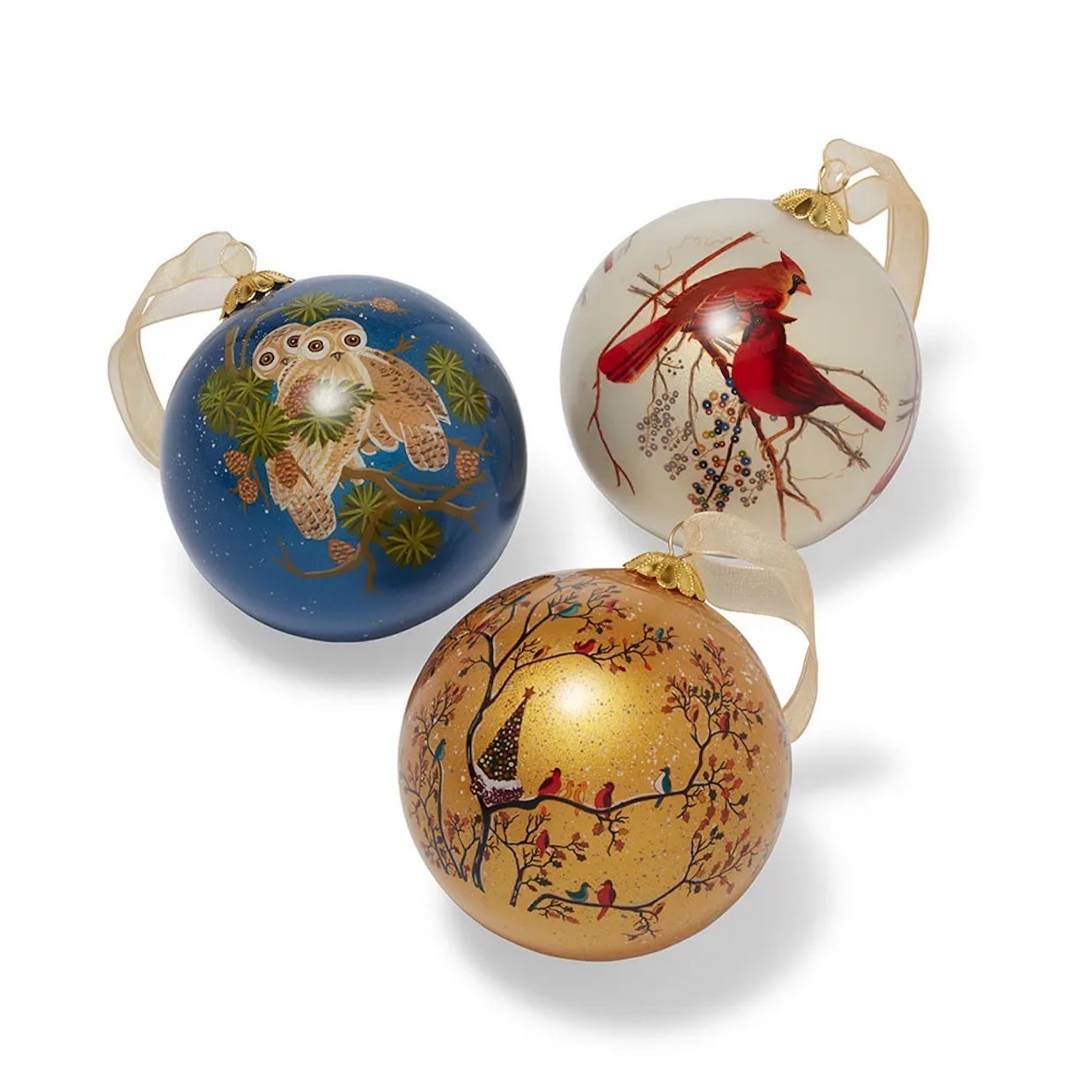 Winter Birds Hand-Painted Glass Ornament Set