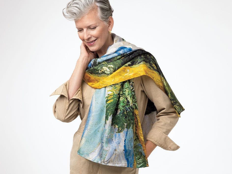 Woman with van Gogh scarf around her neck